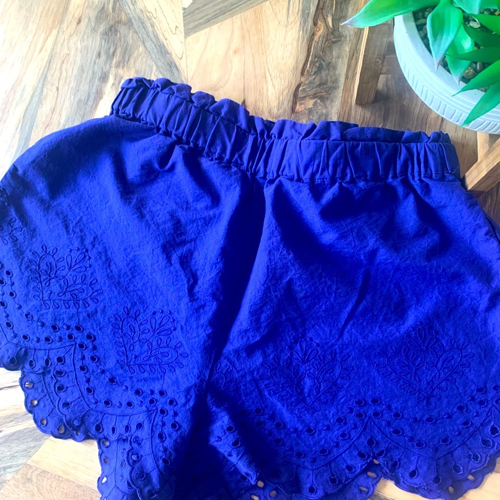 Blue shorts with beautiful detailed stitching.
